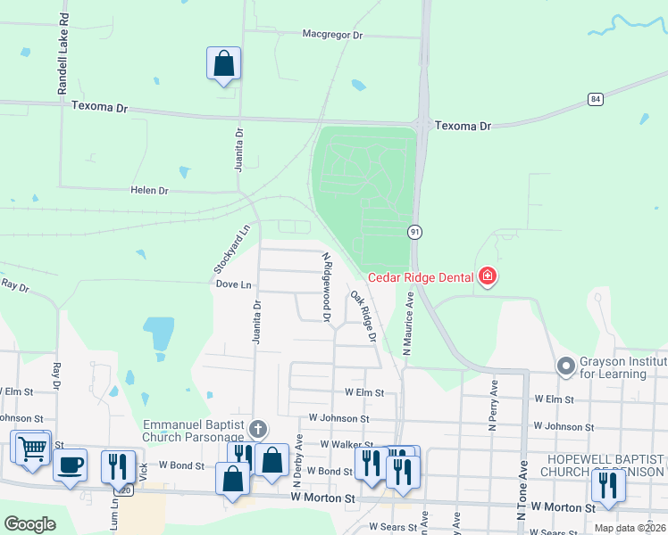 map of restaurants, bars, coffee shops, grocery stores, and more near 1205 Ridgewood Road in Denison