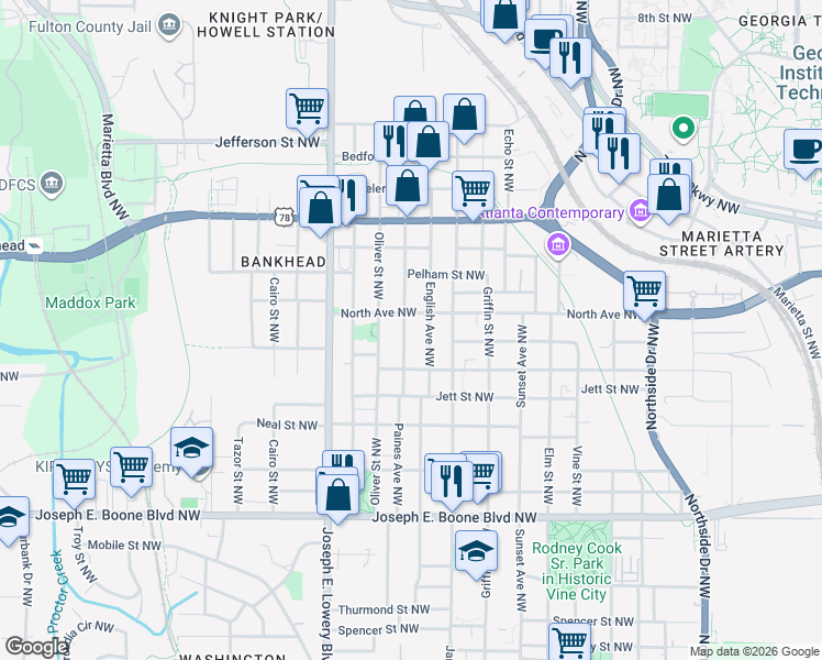 map of restaurants, bars, coffee shops, grocery stores, and more near 538 English Avenue Northwest in Atlanta