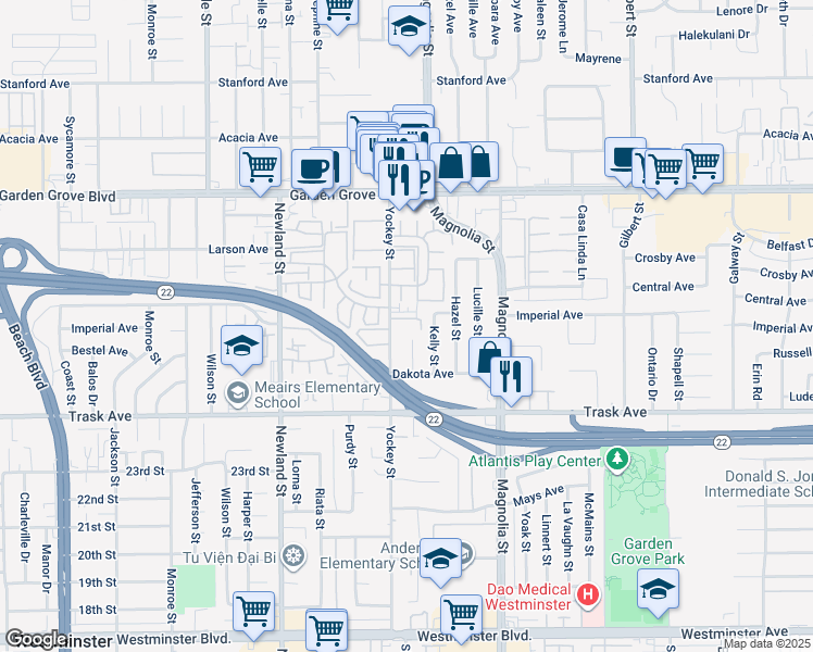 map of restaurants, bars, coffee shops, grocery stores, and more near 13292 Yockey Street in Garden Grove