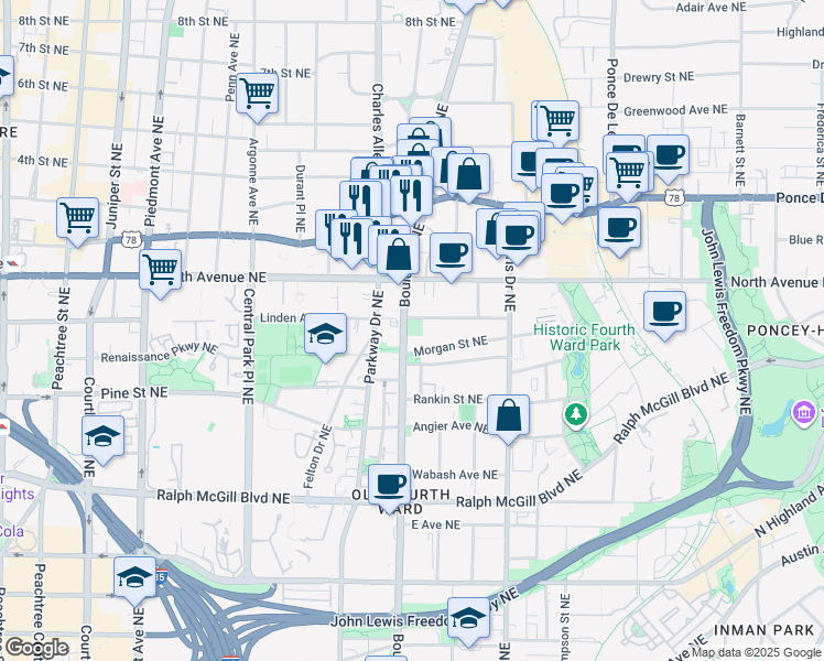 map of restaurants, bars, coffee shops, grocery stores, and more near in Atlanta