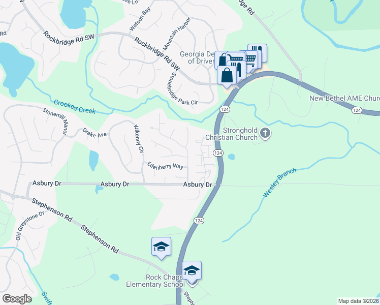map of restaurants, bars, coffee shops, grocery stores, and more near 7590 Clear Creek Drive in Lithonia