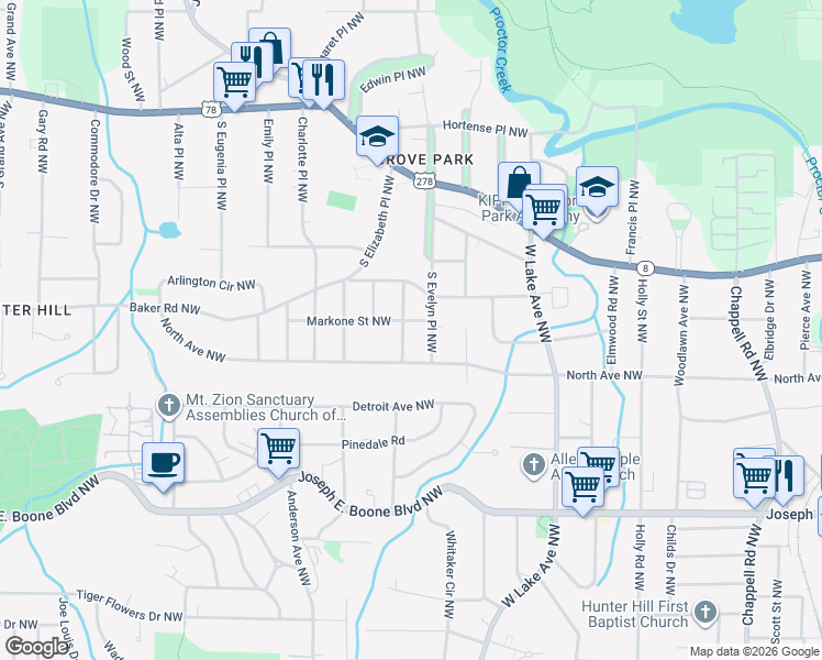 map of restaurants, bars, coffee shops, grocery stores, and more near 535 Marktwo Place Northwest in Atlanta