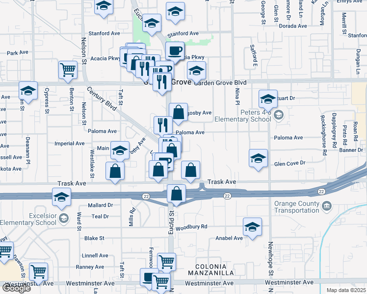map of restaurants, bars, coffee shops, grocery stores, and more near 13312 Ramona Place in Garden Grove