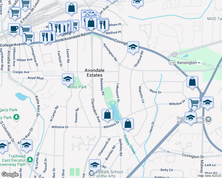 map of restaurants, bars, coffee shops, grocery stores, and more near in Avondale Estates
