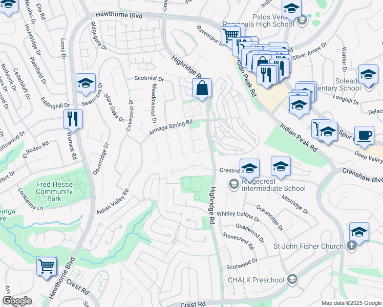 map of restaurants, bars, coffee shops, grocery stores, and more near 51 Vía Costa Verde in Rancho Palos Verdes