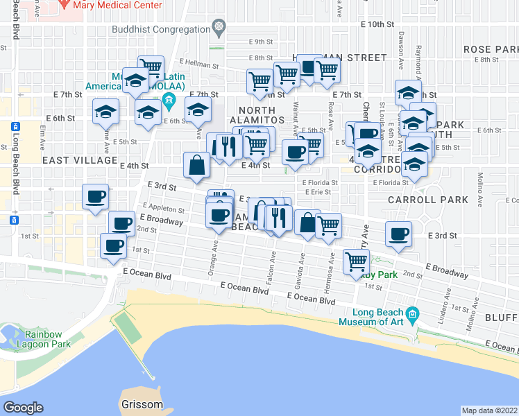 map of restaurants, bars, coffee shops, grocery stores, and more near 1322 3rd Street in Long Beach