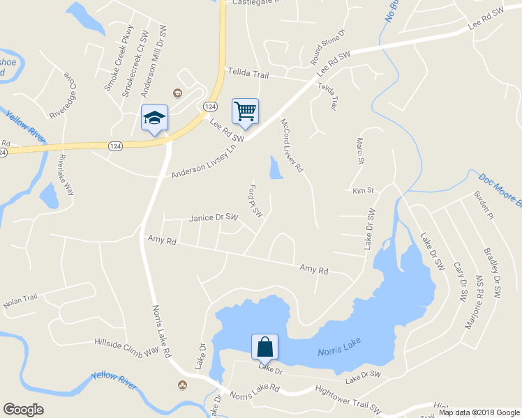 map of restaurants, bars, coffee shops, grocery stores, and more near 4401 Ford Place Southwest in Snellville