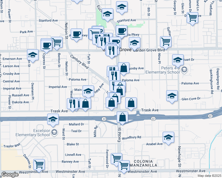 map of restaurants, bars, coffee shops, grocery stores, and more near 13325 Heritage Way in Garden Grove