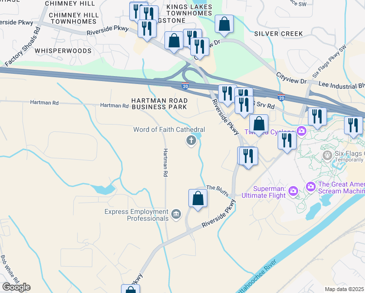 map of restaurants, bars, coffee shops, grocery stores, and more near 212 Riverside Parkway Southwest in Austell