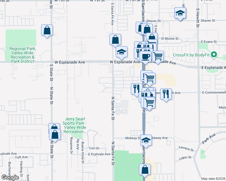 map of restaurants, bars, coffee shops, grocery stores, and more near 1767 South Santa Fe Avenue in San Jacinto