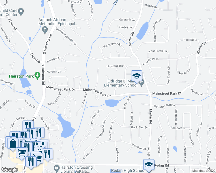 map of restaurants, bars, coffee shops, grocery stores, and more near 859 Bridgewater Court in Stone Mountain