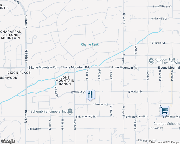 map of restaurants, bars, coffee shops, grocery stores, and more near 6107 East Lone Mountain Road in Cave Creek
