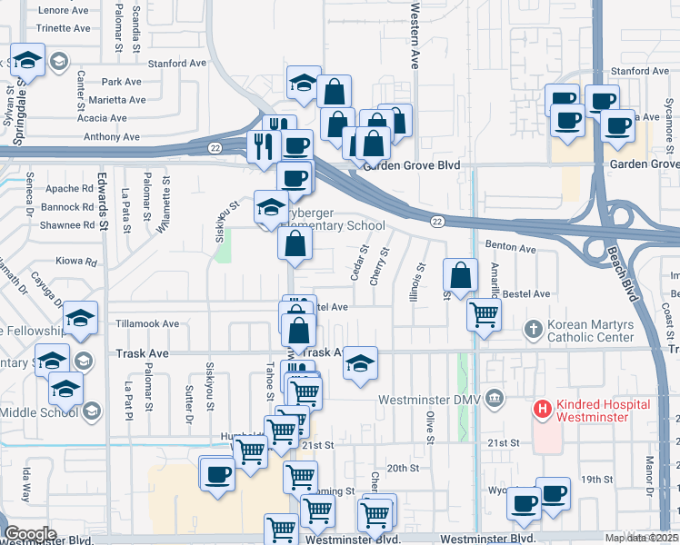 map of restaurants, bars, coffee shops, grocery stores, and more near 7132 Oso Way in Westminster