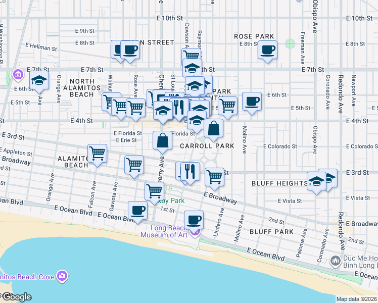 map of restaurants, bars, coffee shops, grocery stores, and more near 333 Junipero Avenue in Long Beach