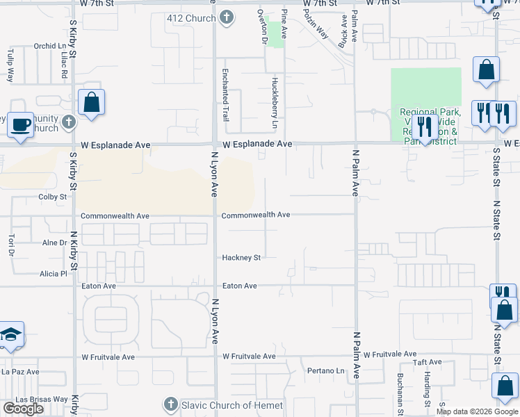 map of restaurants, bars, coffee shops, grocery stores, and more near 1211 Palomino Court in Hemet