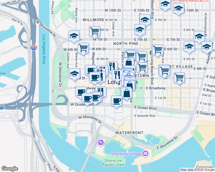 map of restaurants, bars, coffee shops, grocery stores, and more near 301 West Broadway in Long Beach