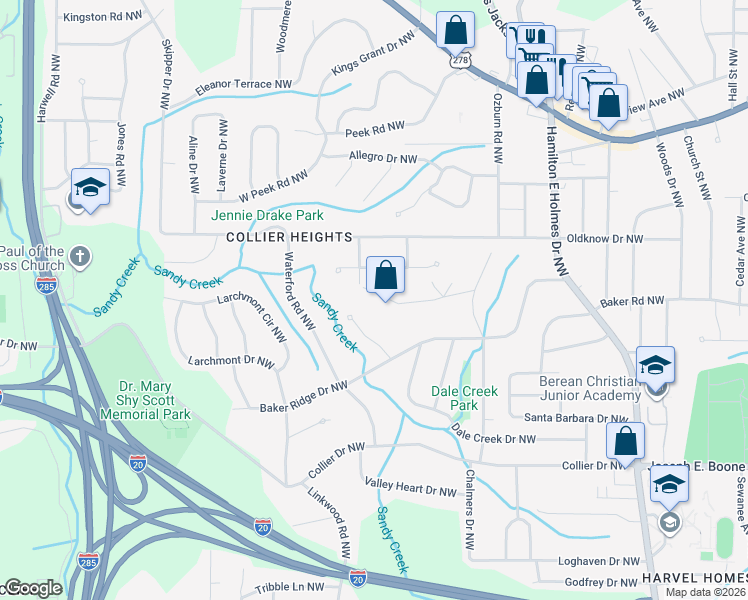 map of restaurants, bars, coffee shops, grocery stores, and more near 2856 Engle Road Northwest in Atlanta