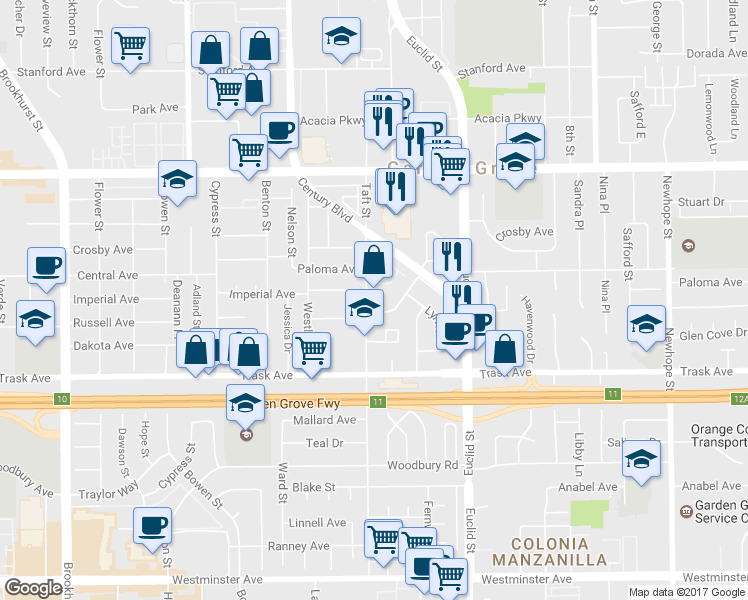 map of restaurants, bars, coffee shops, grocery stores, and more near 13322 Taft Street in Garden Grove