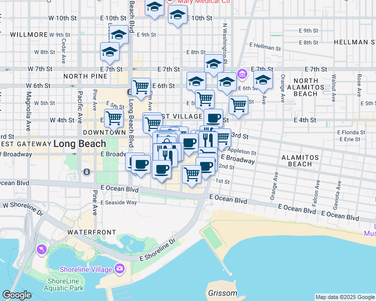 map of restaurants, bars, coffee shops, grocery stores, and more near in Long Beach
