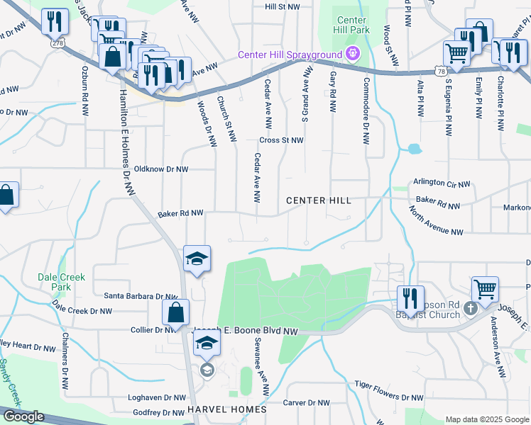 map of restaurants, bars, coffee shops, grocery stores, and more near 2383 Baker Road Northwest in Atlanta