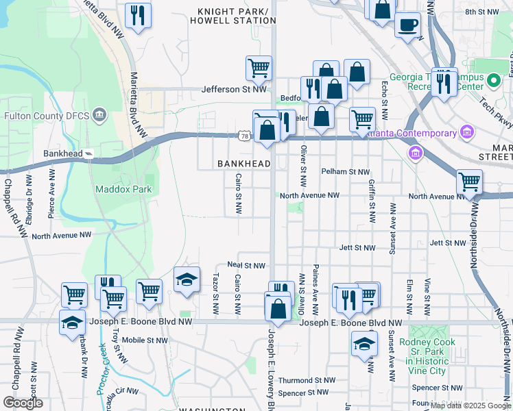 map of restaurants, bars, coffee shops, grocery stores, and more near 543 Norfolk Street Northwest in Atlanta