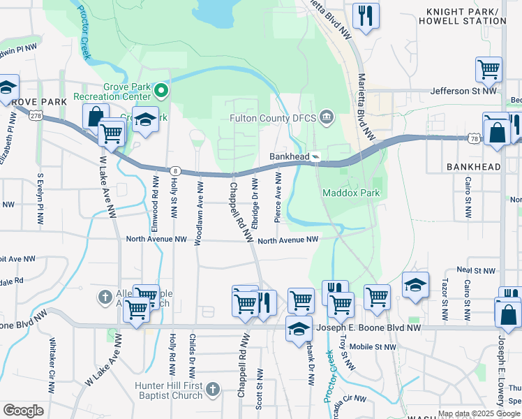 map of restaurants, bars, coffee shops, grocery stores, and more near 517 Elbridge Drive Northwest in Atlanta