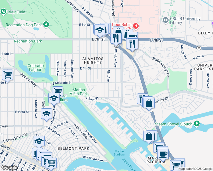 map of restaurants, bars, coffee shops, grocery stores, and more near 341 Flint Avenue in Long Beach