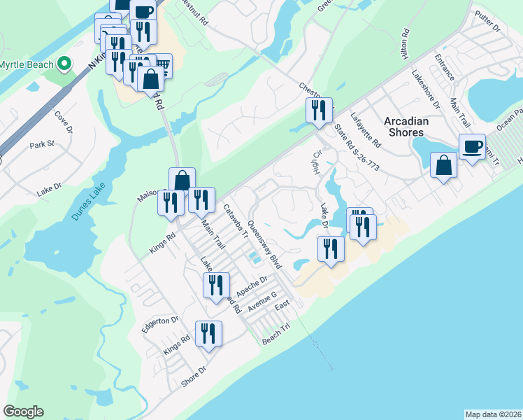 map of restaurants, bars, coffee shops, grocery stores, and more near 151 Wetherby Way in Myrtle Beach