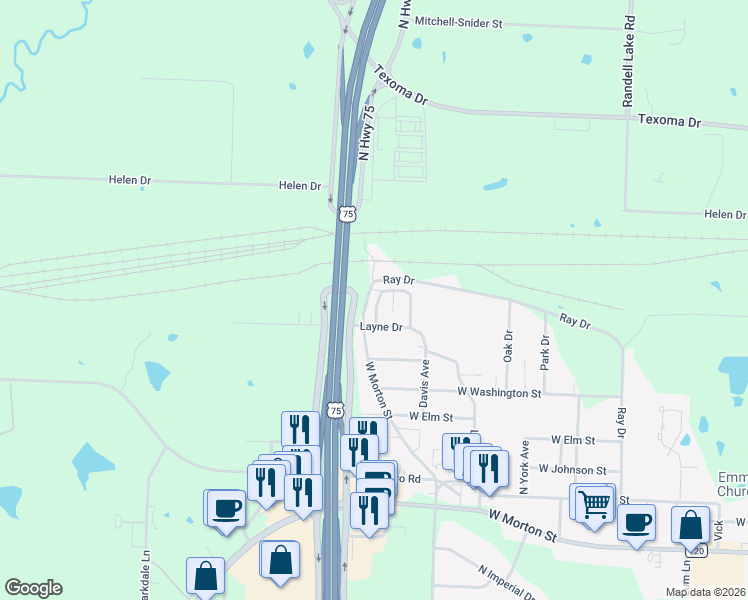 map of restaurants, bars, coffee shops, grocery stores, and more near 1232 Carla Drive in Denison