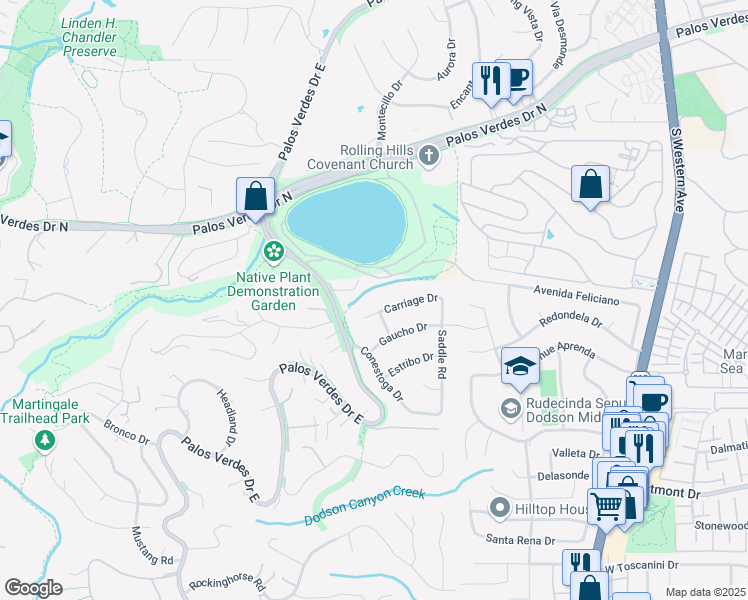 map of restaurants, bars, coffee shops, grocery stores, and more near 2287 Carriage Drive in Rolling Hills Estates
