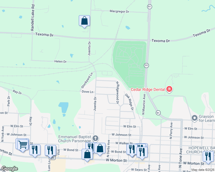 map of restaurants, bars, coffee shops, grocery stores, and more near 1717 Meadowlark Lane in Denison