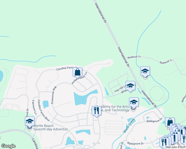 map of restaurants, bars, coffee shops, grocery stores, and more near 454 Carolina Farms Boulevard in Myrtle Beach