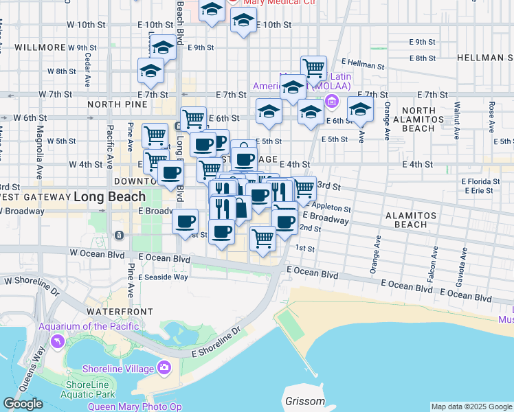 map of restaurants, bars, coffee shops, grocery stores, and more near 615 East Broadway in Long Beach