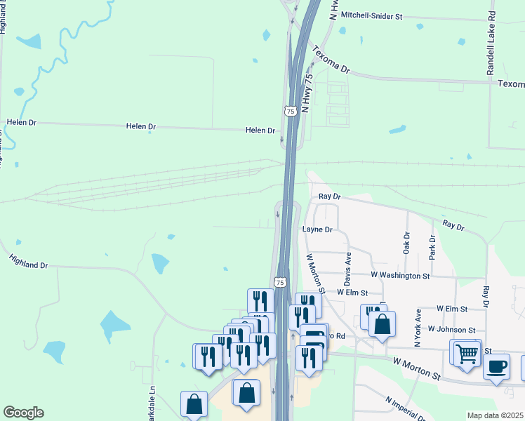 map of restaurants, bars, coffee shops, grocery stores, and more near 1211 Marlin Drive in Denison