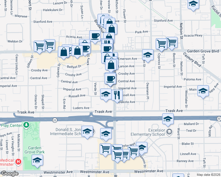 map of restaurants, bars, coffee shops, grocery stores, and more near 13301 Brookhurst Street in Garden Grove