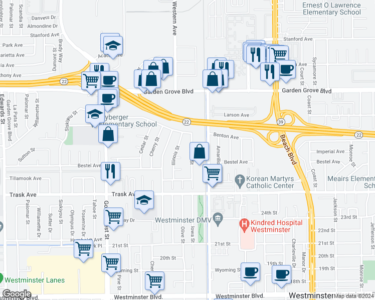 map of restaurants, bars, coffee shops, grocery stores, and more near 13271 Iowa Street in Westminster