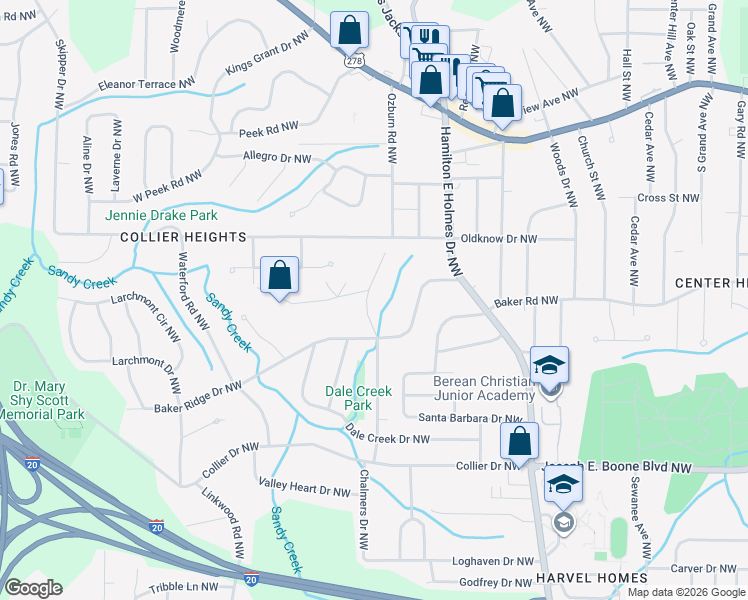 map of restaurants, bars, coffee shops, grocery stores, and more near 531 Collier Ridge Drive Northwest in Atlanta