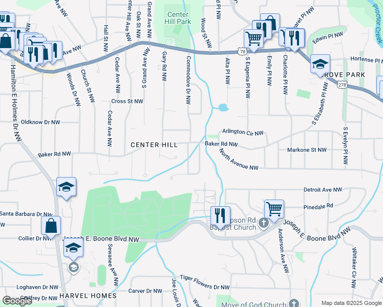 map of restaurants, bars, coffee shops, grocery stores, and more near 523 Aberdeen Drive Northwest in Atlanta