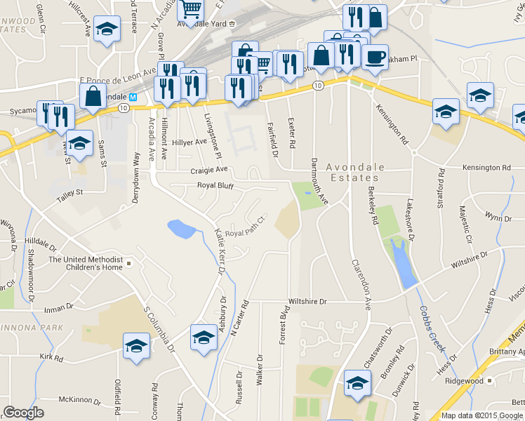 map of restaurants, bars, coffee shops, grocery stores, and more near 2882 Royal Path Court in Decatur