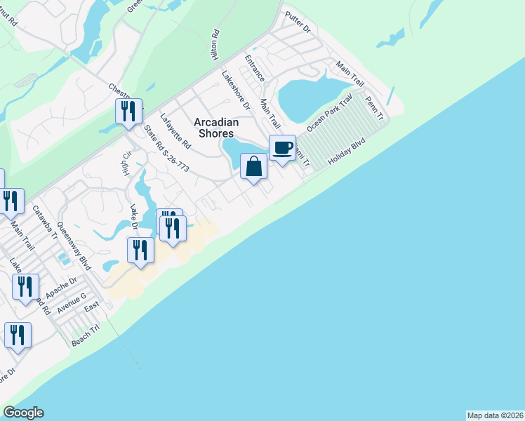 map of restaurants, bars, coffee shops, grocery stores, and more near 17-F Arcadian Drive in Myrtle Beach