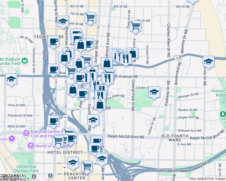 map of restaurants, bars, coffee shops, grocery stores, and more near in Atlanta