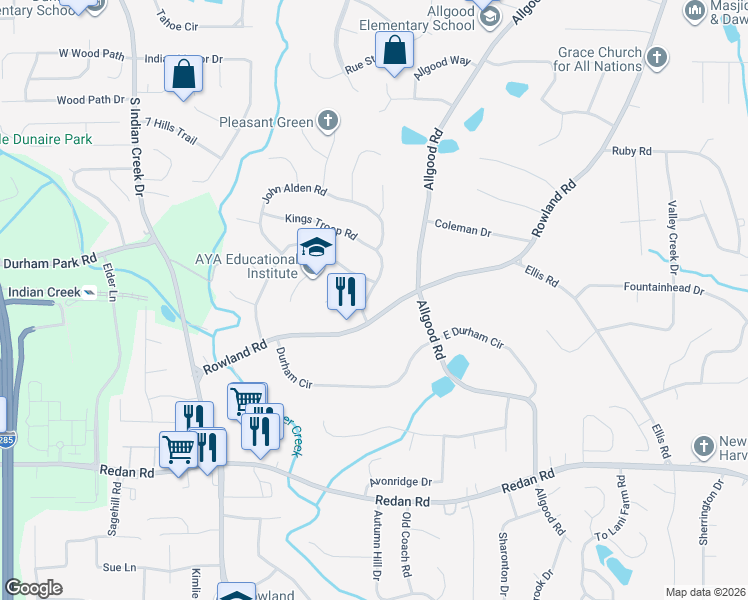 map of restaurants, bars, coffee shops, grocery stores, and more near 4260 Kings Troop Road in Stone Mountain