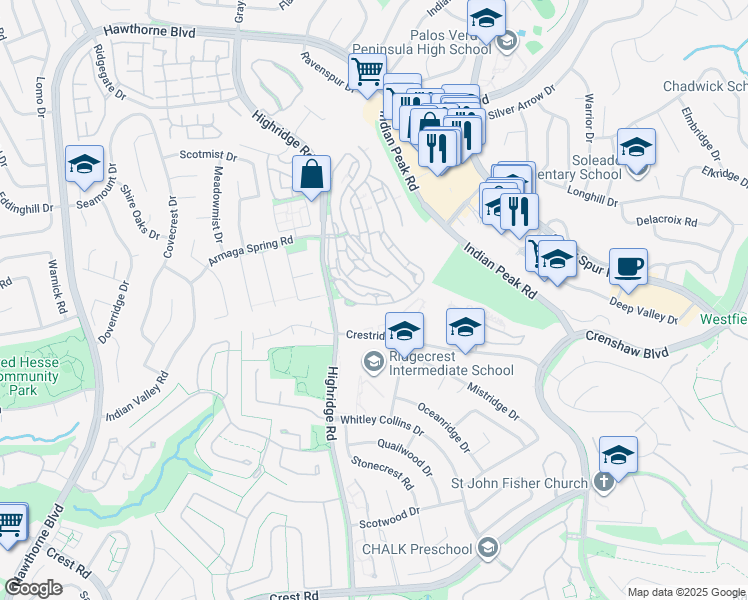 map of restaurants, bars, coffee shops, grocery stores, and more near 31 Aspen Way in Rolling Hills Estates
