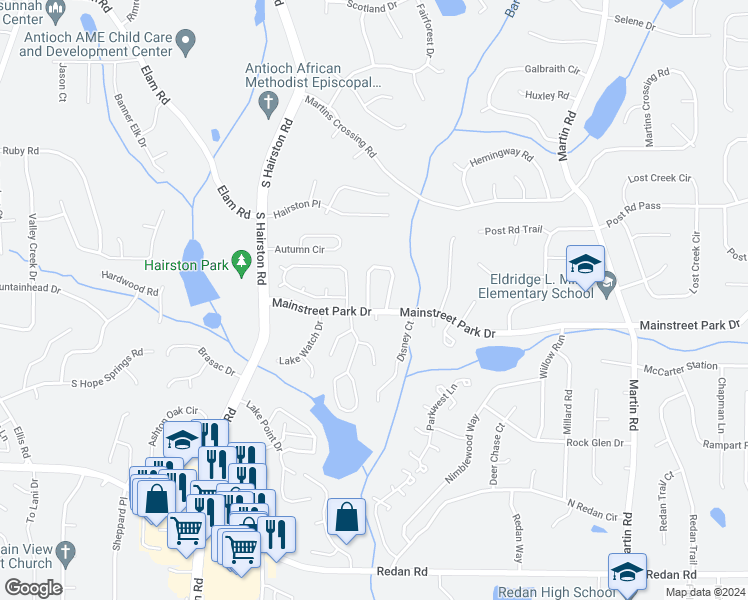 map of restaurants, bars, coffee shops, grocery stores, and more near 879 Heritage Oaks Drive in Stone Mountain