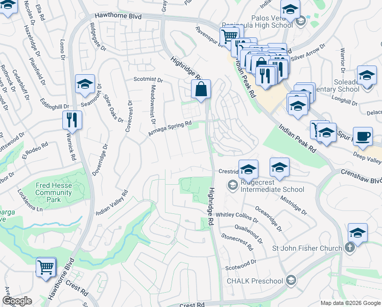 map of restaurants, bars, coffee shops, grocery stores, and more near 51 Vía Costa Verde in Rancho Palos Verdes