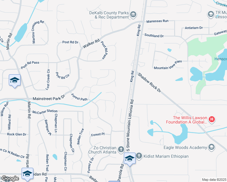 map of restaurants, bars, coffee shops, grocery stores, and more near 5446 Fox Haven Trail in Stone Mountain