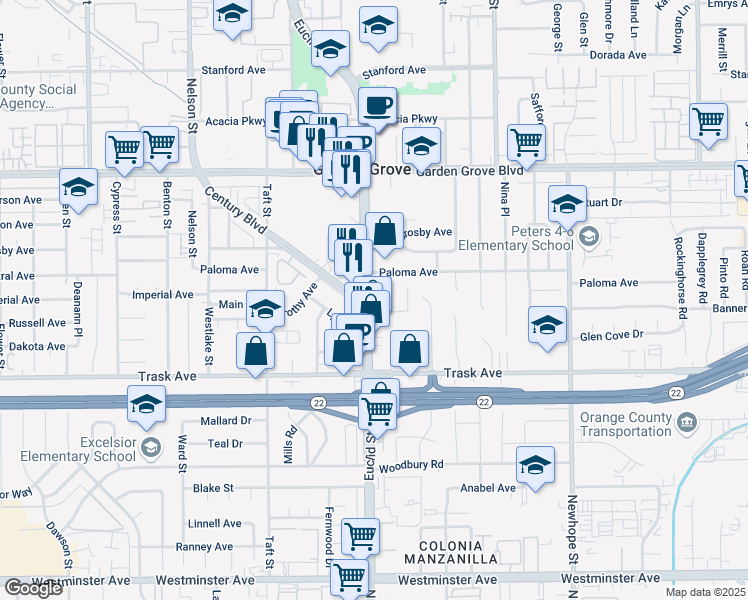map of restaurants, bars, coffee shops, grocery stores, and more near 13302 South Euclid Street in Garden Grove
