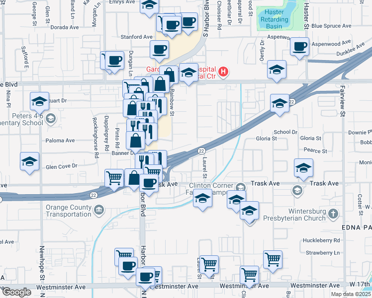 map of restaurants, bars, coffee shops, grocery stores, and more near 12212 Pearce Avenue in Garden Grove