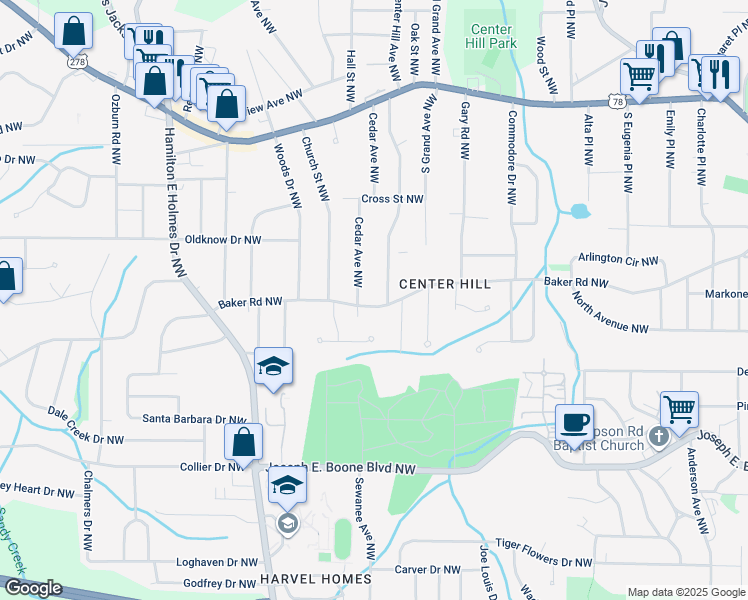 map of restaurants, bars, coffee shops, grocery stores, and more near 2375 Baker Road Northwest in Atlanta