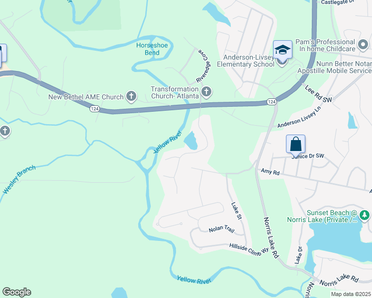 map of restaurants, bars, coffee shops, grocery stores, and more near 4291 Riverlake Way in Snellville